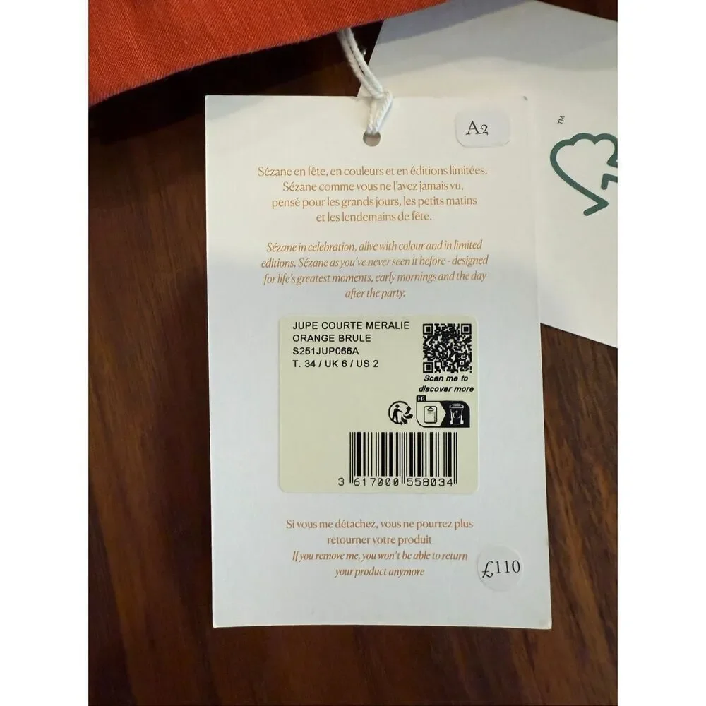 Sezane Editions Women's Orange Pleated Mini A-Line Skirt Size 34/2 NWT